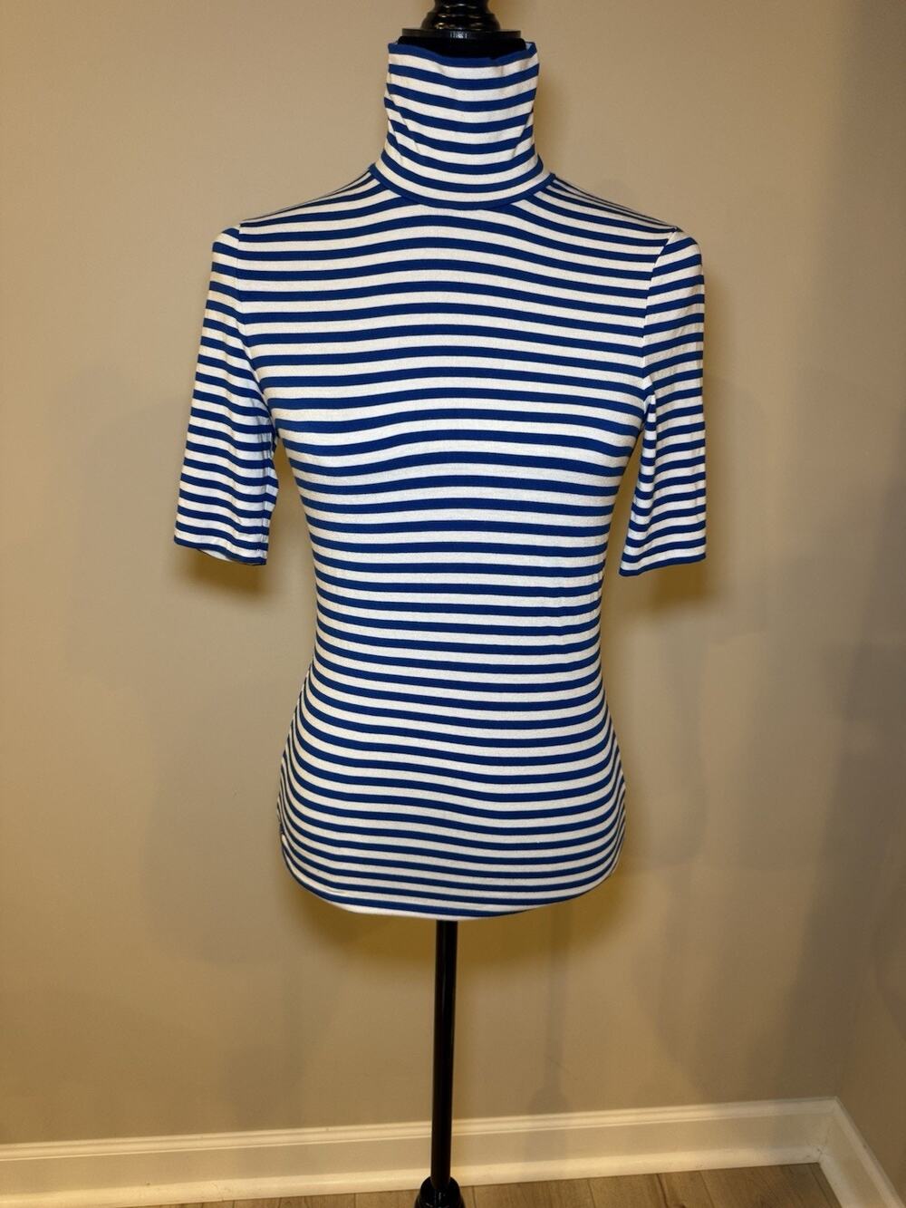 Lauren Ralph Lauren Women M Blue White Stripe Turtleneck Short Sleeve Top